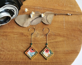 Boucles d'oreilles pendants en tissu fleur Rose Bleu Jaune Vert  losanges crochet Goldfilled Or 14 carats Modèle Pégase