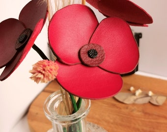 3 Coquelicots rouge bordeaux en cuir Tige souple 30cm décoration interieure florale