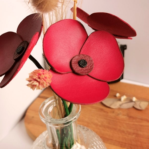 3 Coquelicots rouge bordeaux en cuir Tige souple 30cm décoration interieure florale