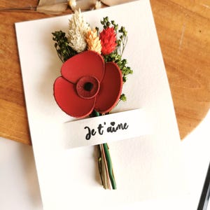 Carte St valentin Je t'aime Bouquet coquelicot rouge et fleurs séchées Inscription Message Carte postale Version Blanc / Doré