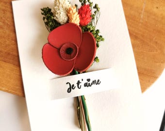 Carte Je t'aime Bouquet coquelicot rouge fleurs séchées Inscription Message Carte St Valentin Version Blanc / Doré / Rose / Turquoise
