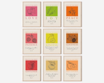 Fruits Of The Spirit Scripture Wall Art | Love Joy Peace | Set of 9 Paintings | Galatians 5:22-23
