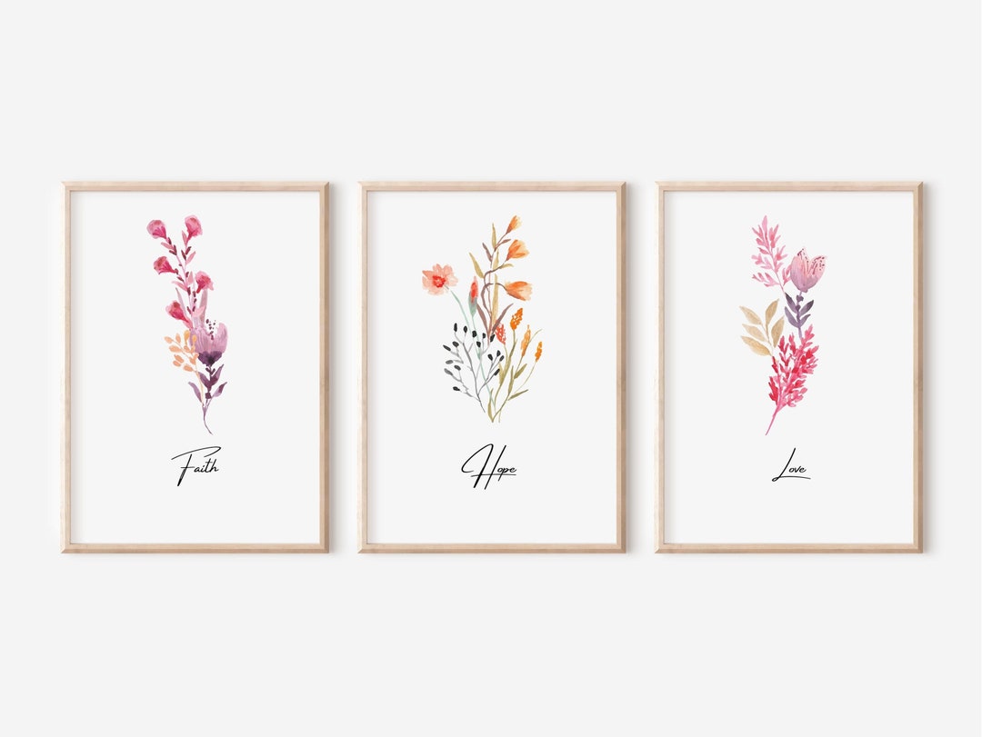 Faith Hope Love | Watercolor Flowers Wall Art | Minimalist Art Print - Etsy