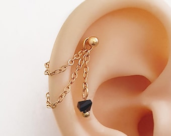 Black cristal helix conch chain with piercing or huggies . Gold stainless steel gold black cristal chain for cartilage & 2 hole earrings