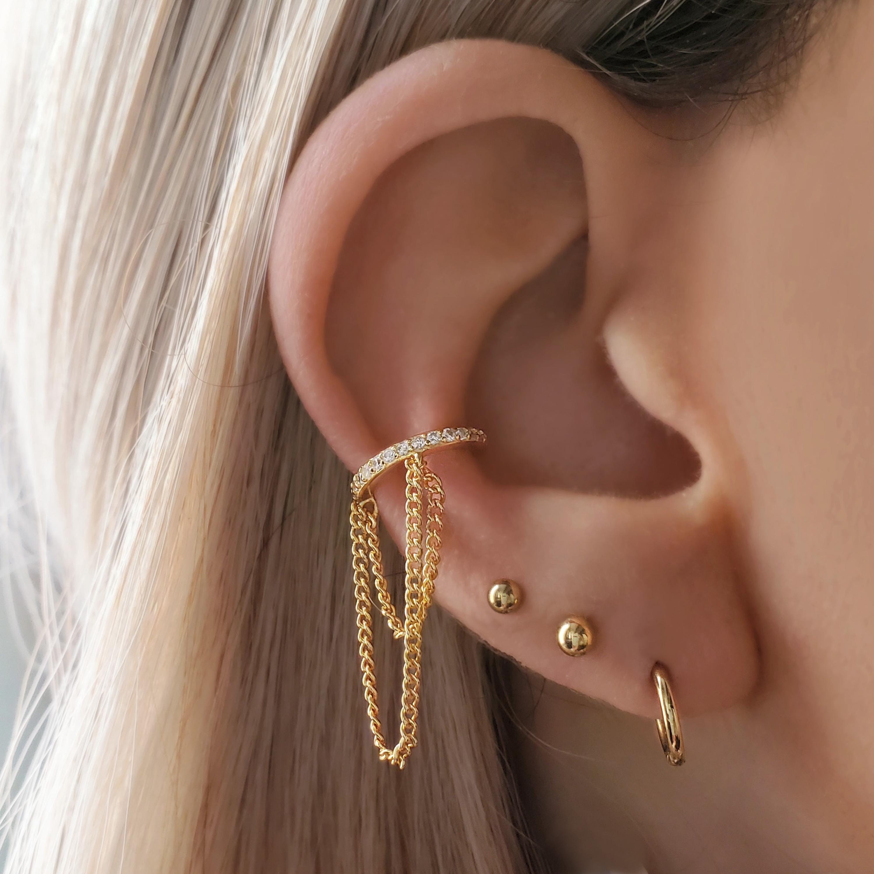 Gold Zirconia Double Chain Ear Cuff Dainty Faux Helix Conch Ear