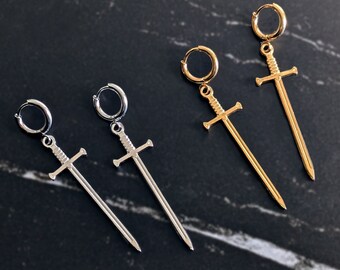 Gold long sword hoop earrings . Vintage 90's grunge silver dagger hoops . Sword round huggies. Thin long cross hoops. Ornament dagger