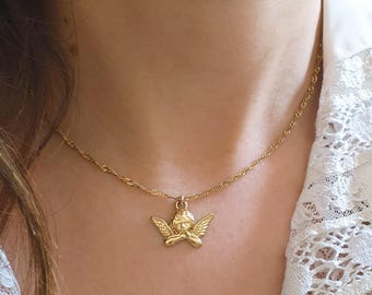 Kleine cherubijn-engelketting van verguld roestvrij staal. Waterdichte, stapelbare engelketting.