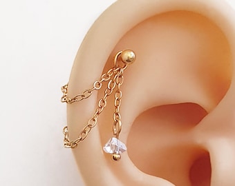 Cristal gold helix / conch chain with piercing  . Dainty stainless steel chain for cartilage piercing & hoops . Piercing not included