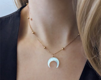 Boho white pearl moon crescent necklace . Gold stainless steel natural horn pendant . Layering crescent horn necklace