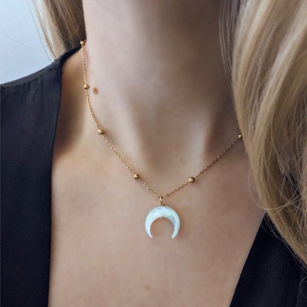 Boho white pearl moon crescent necklace . Gold stainless steel natural horn pendant . Layering crescent horn necklace