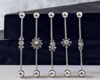 Industrial silver adorned zirconia piercing . Unisex long bar industrial ear piercing jewelry . Surgical steel industrial piercing 16 gauge