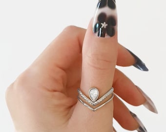 Chevron teardrop double strand ring silver stainless steel - Minimalist teardrop cristal zirconia ajustable textured chevron ring