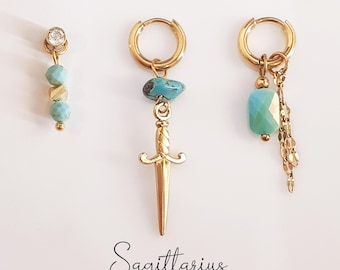 Sagittarius turquoise birthstone mismatched huggies earring set . Gold or silver birthday gift hoops earrings sword mix and match