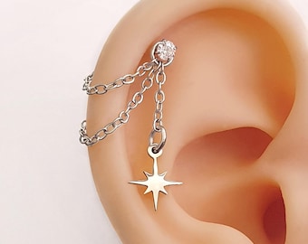 Chaîne hélix conch étoile polaire & piercing petit cristal . Chaîne double d'oreille pour créoles reliées en acier inoxydable waterproof