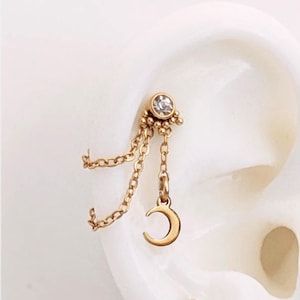 Mini catena a forma di luna per piercing all'elice. Gioiello a catena con orecchini a cerchio in acciaio inossidabile dorato