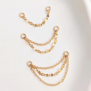 Gold modular chain for piercing huggies and studs . Simple double or triple earring chain for helix conch in gold stainless steel waterproof