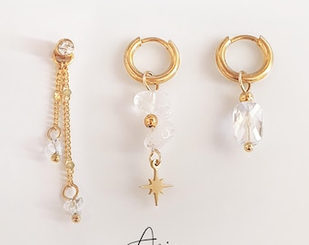 Gift for Aries crystal huggie Set . Mix & match mismatched charm hoop earrings . Birthstone zodiac Aries clear quartz dangle jewelry
