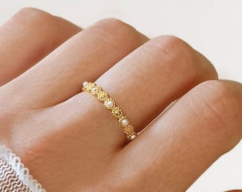 Gold and white beaded stacking ring . Simple dainty minimalist white pearls ring . Anti tarnish ajustable ring