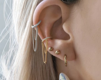Silver or gold zirconia double chain ear cuff . Dainty faux helix conch ear piercing in sterling silver