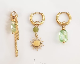 Peridot green charms for earrings . Lion birthstone earrings set . Zodiac Lion mix and match sun charms for huggies