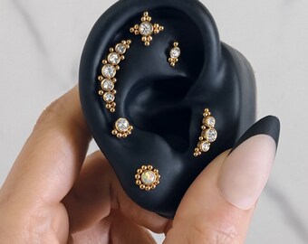 Gold zirconia opal ear piercing  helix tragus lobe snug conch in stainless steel . Dainty gold bar earring piercing hypoallergenic
