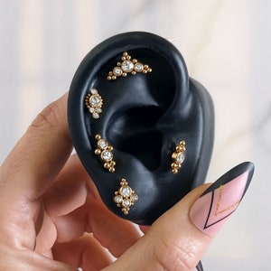 Gold zirconia opal ear piercing  helix tragus lobe snug conch in stainless steel . Dainty gold bar earring piercing hypoallergenic