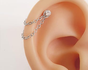 Double silver chain for helix conch with tiny crystal piercing . Stainless steel waterproof chain & zirconia piercing for cartilage jewelry
