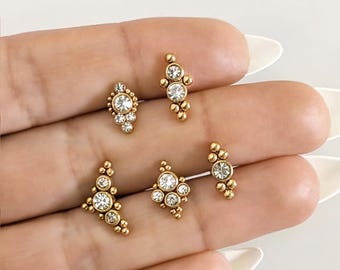 Gold zirconia opal ear piercing  helix tragus lobe snug conch in stainless steel . Dainty gold bar earring piercing hypoallergenic
