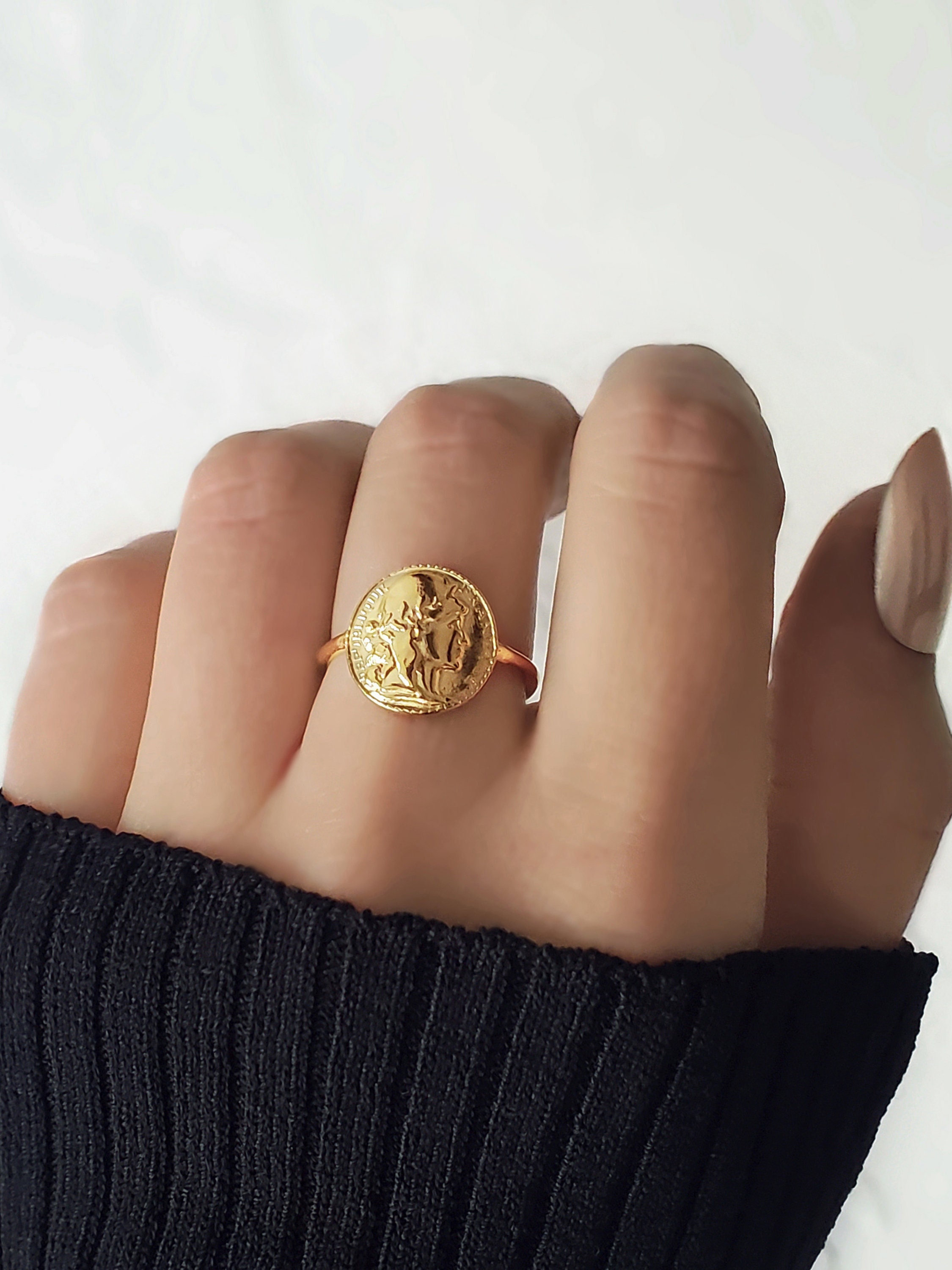 Gold Marianne face ancient coin ring Ajustable stainless steel waterproof gold ring inspired by old french coin