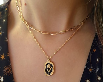 Gold & black flower cameo coin necklace . Irregular rectangle coin stainless steel rose tulip necklace on a twisted chain