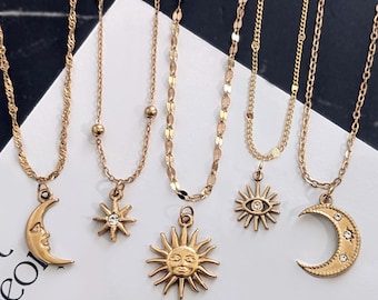 NEW- Gold celestial customizable charm necklace . Moon face sun face star eye charm necklace . Unisex waterproof custom necklace