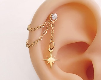 Gold plated star chain for helix conch & cristal piercing. Dainty stainless steel polar star chain for cartilage and hoops huggies