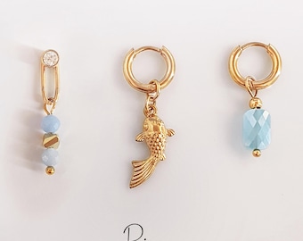 Gift for Pisces Aquamarine huggie set .Mismatched birthstone light blue charm hoop earrings . Mix and match zodiac Pisces aquamarine dangle