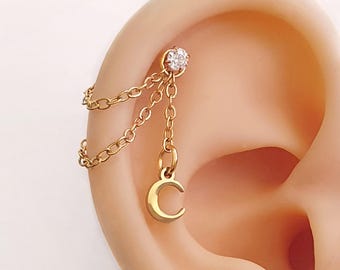 Moon chain piercing for helix conch or huggies & cristal piercing . Dainty stainless steel gold moon chain for cartilage piercing and hoops