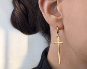 Sword gold unisex earrings . Vintage 90's grunge dagger hoops . Sword goddess hoops . Thin long cross hoops earrings . Ornament dagger