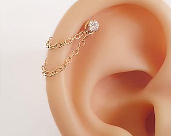 Double chain and dainty cristal piercing for helix or conch . Gold stainless steel chain & zirconia piercing for cartilage jewelry