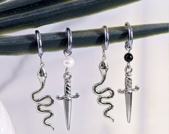 Snake and dagger waterproof hoop earrings with onyx or freshwater pearl - Unisex mismatched stainless steel silver snake and sword hoop
