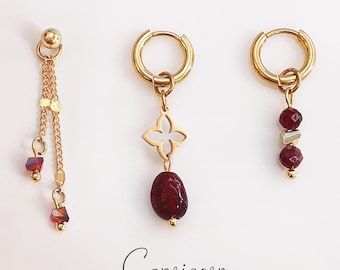 Mismatched garnet charms for huggies . Capricorn birthstone earrings set . Birthday gift hoops. Mix and match garnet charms