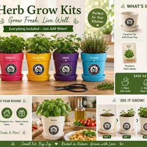 May include: A set of five colorful herb grow kits featuring basil, parsley, cilantro, mint, and thyme in individual pots. Includes a ceramic pot with drain tray, coco coir growing medium, premium herb seeds, and plant care instructions.