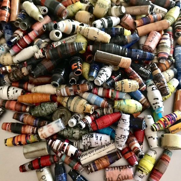 100 Assorted Paper Beads Made From Vintage Paper, Hand Rolled, Bulk Beads, Jewelry Making Supplies, Recycled, Zero Waste, Eco Friendly