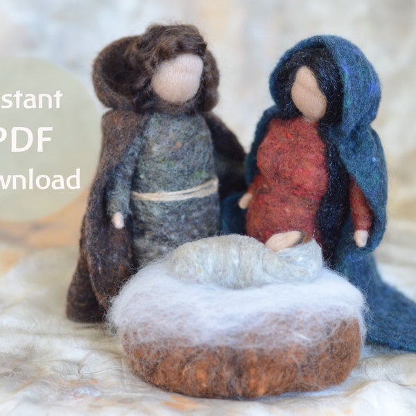 Nativity PDF download ** Needle Felted Nativity ** Christmas craft ** Waldorf-Inspired ** For beginners * Mary Joseph Baby Jesus and crib