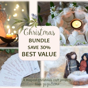 May include: A collage of four Christmas craft projects, including a felt angel with a candle, a felt nativity scene, a felt angel wreath with a candle, and a set of Christmas activity cards. The text on the image reads "Christmas Bundle Save 30% Best Value 4 Magical Christmas craft projects from zuzu&me".