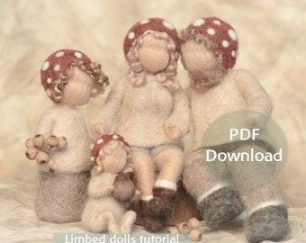 Forest Folk Family PDF download ** Needle felted dolls with poseable limbs ** felt mushroom family ** Beginner friendly