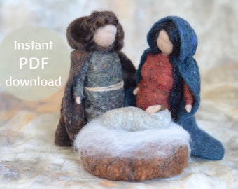 Nativity PDF download ** Needle Felted Nativity ** Christmas craft ** Waldorf-Inspired ** For beginners * Mary Joseph Baby Jesus and crib