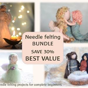 May include: A collection of four needle felting projects for beginners, featuring felted angel, mermaid, fairy, and nativity scene figures. The image includes text: "Needle felting BUNDLE SAVE 30% BEST VALUE".