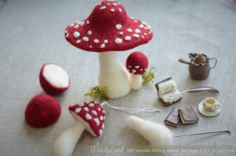 Toadstool Mushroom Needle felting DIY kit Diy Christmas decorations fairy mushroom hygge Christmas Beginners Main kit