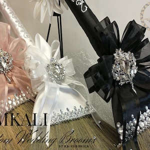 MKALI Wedding Jumping Broom: 36&quot; Rhinestone Bridal Satin Handle