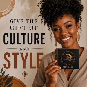 Picture shows anAfrica American woman holding an African American Bridal Jumping the broom gift cards for purchase. The text says give the gift of culture and style. in soft muted tones