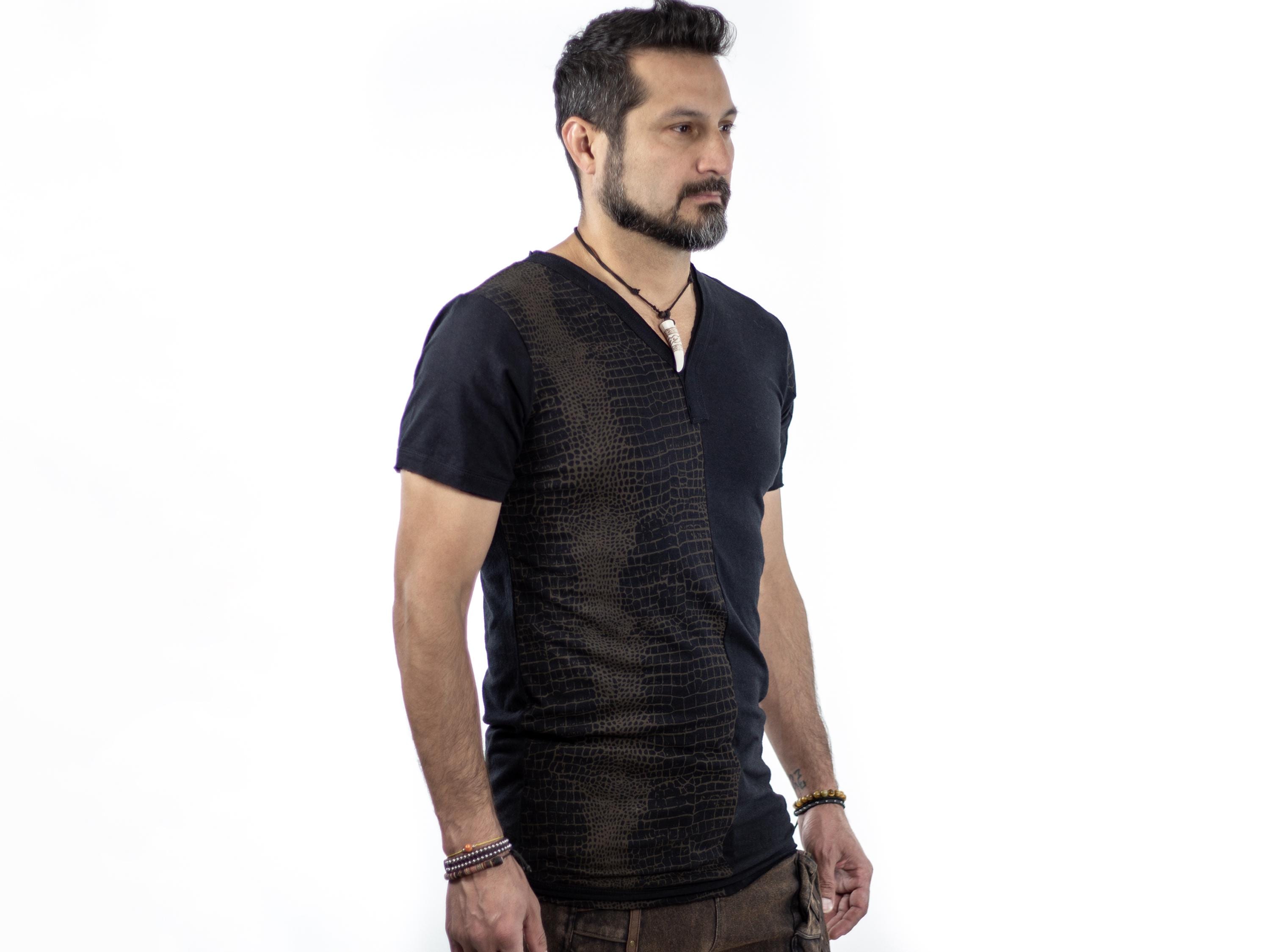 Mens Croc print T-Shirt- leather| organic cotton/bamboo| burning man| handmade| festival clothing| mens fashion