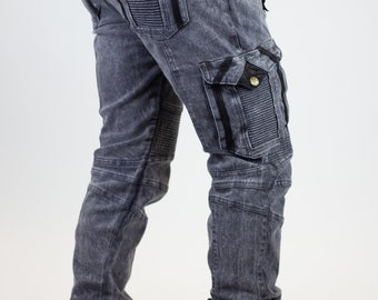Men's Rider stretch denim/leather Pants | Burner pants | Men's Burning Man pants | post apocalyptic pants | Biker pants | Festival